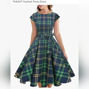 Navy and Green Plaid Midi Dress